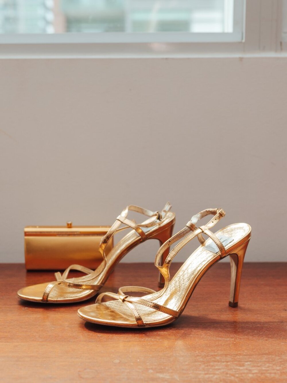 Halston Heritage Metallic Gold Strappy Heels & Matching Box Clutch - Size 7